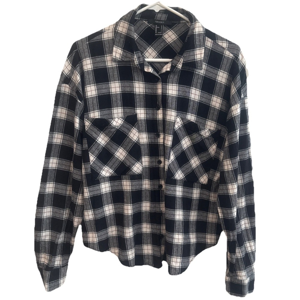 Forever 21 Womens Flannel Shirt Plaid Pockets Cotton Black Blue L